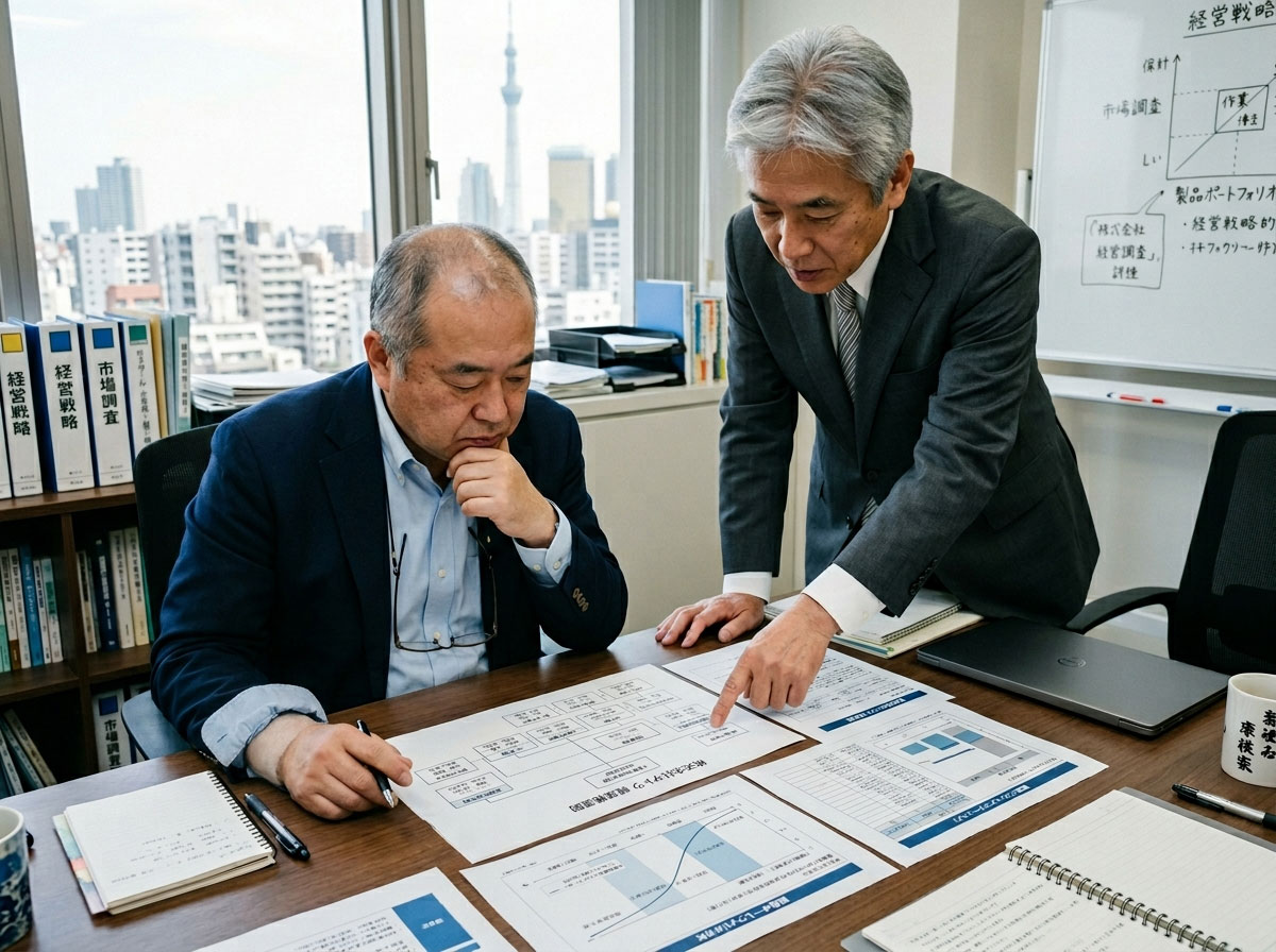 オフィスで事業構造のフローチャートや資料を確認するミーティングの様子